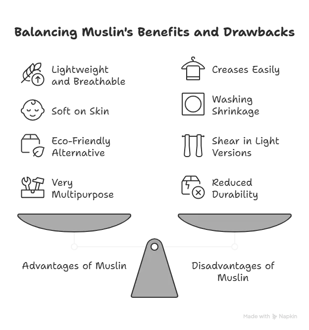 Infographic showing Advantages and disadvantages of Muslin Fabric