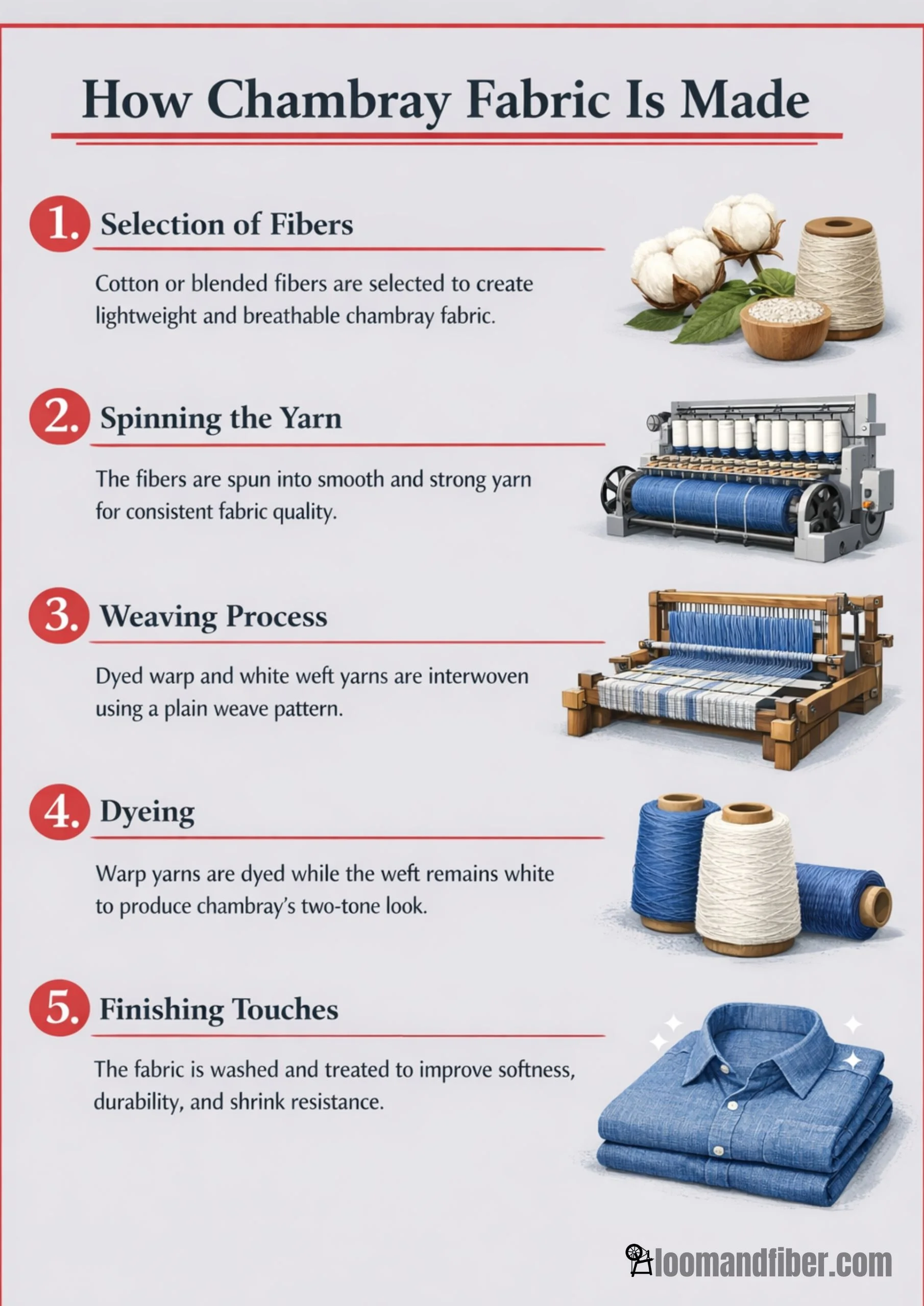 How chambray fabric is made step-by-step infographic showing fiber selection, spinning, weaving, dyeing, and finishing.