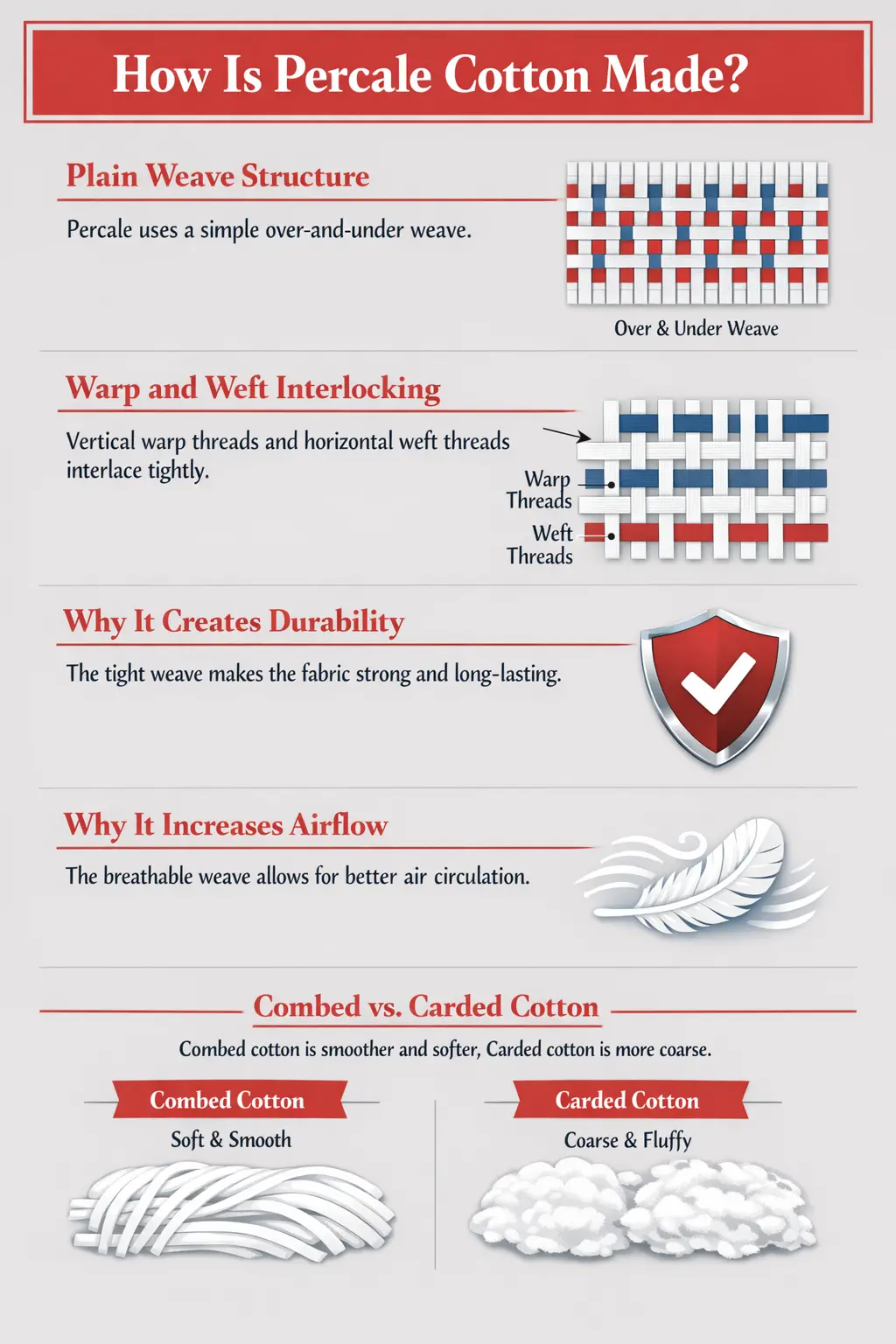 How is percale cotton made infographic showing weave structure, durability, airflow, and combed vs carded cotton