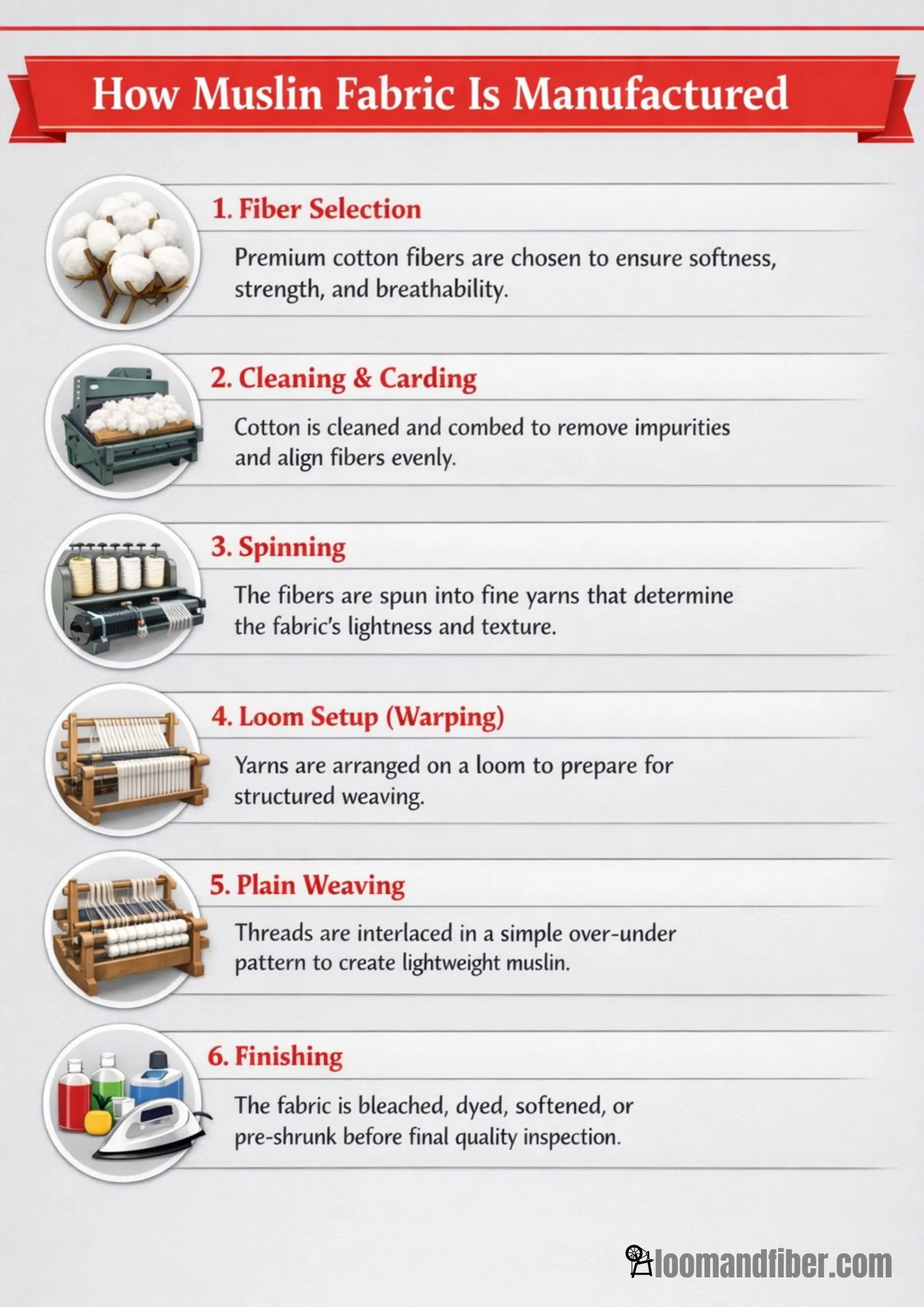 How muslin fabric is manufactured step-by-step infographic showing fiber selection, spinning, weaving, and finishing.