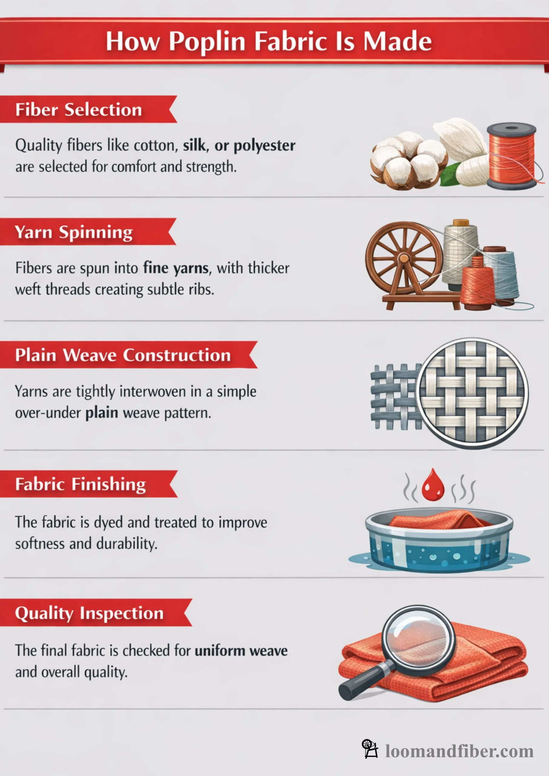 Infographic showing the five-step process of how poplin fabric is made