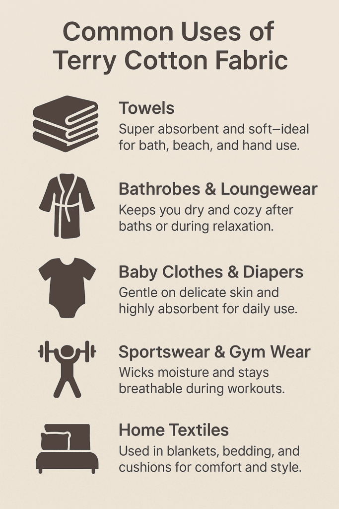 Infographic showing common uses to explain what is terry cotton fabric, including towels, bathrobes, baby clothes, gym wear, and home textiles.