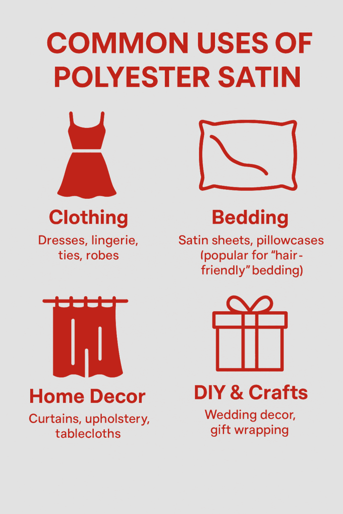 Infographic showing common uses of polyester satin in clothing, bedding, home décor, and crafts.