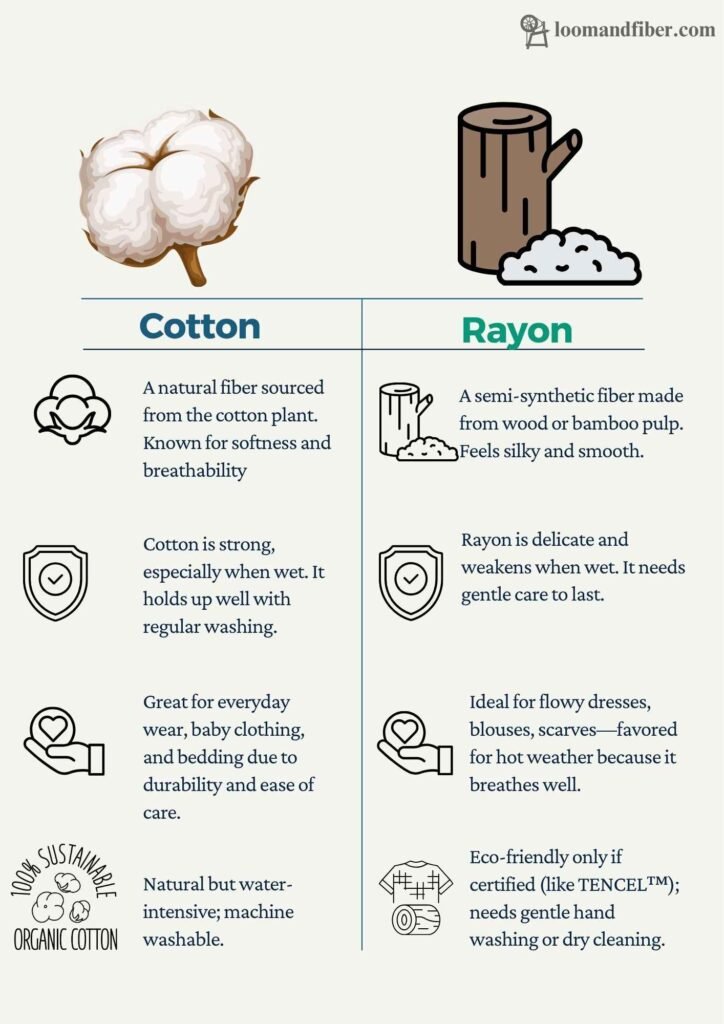 Infographic comparing cotton and rayon fabrics, helping answer the question: is rayon a good fabric?