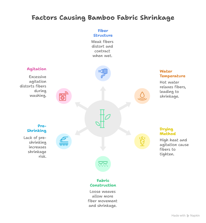 Infographic showing six key factors that cause bamboo fabric to shrink, arranged around a central bamboo icon.