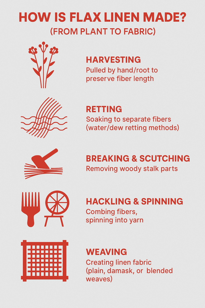 Infographic explaining how flax linen is made, outlining six steps from harvesting to weaving.