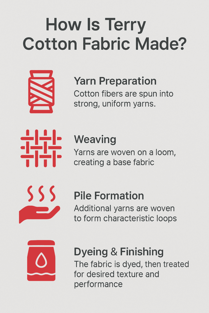 Infographic explaining the manufacturing process to answer what is terry cotton fabric, including yarn preparation, weaving, pile formation, and dyeing.