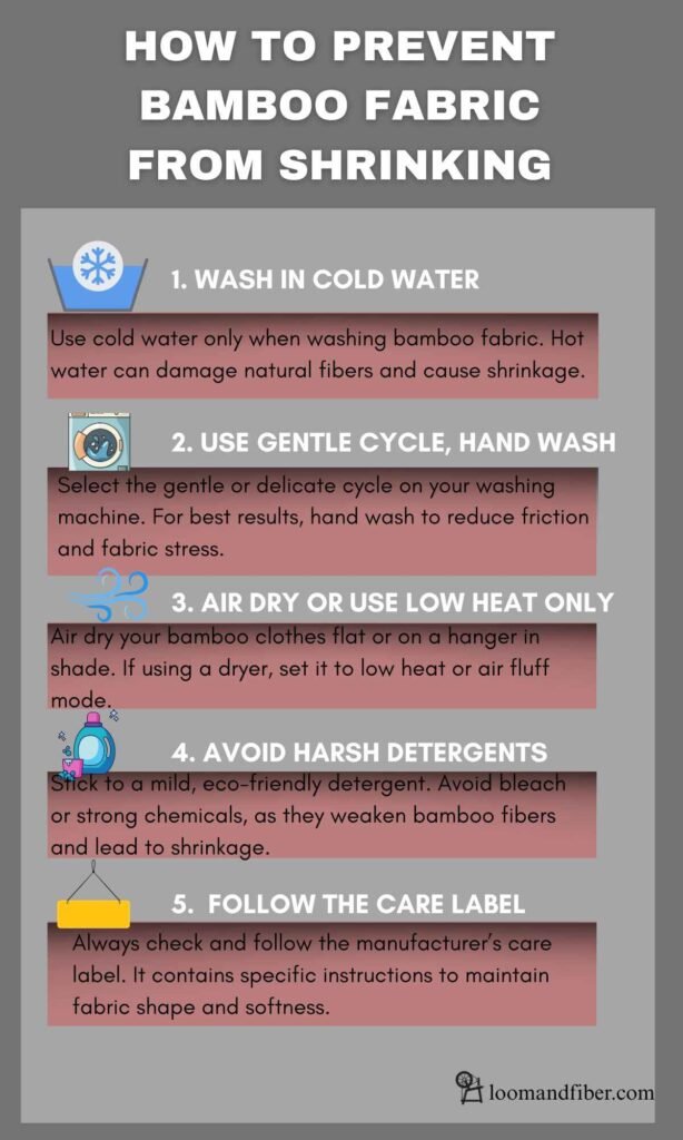 Infographic titled "How to Prevent Bamboo Fabric from Shrinking" with five illustrated fabric care tips.