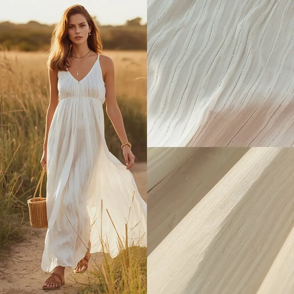 Woman in flowy slub cotton maxi dress styled for a bohemian summer look.