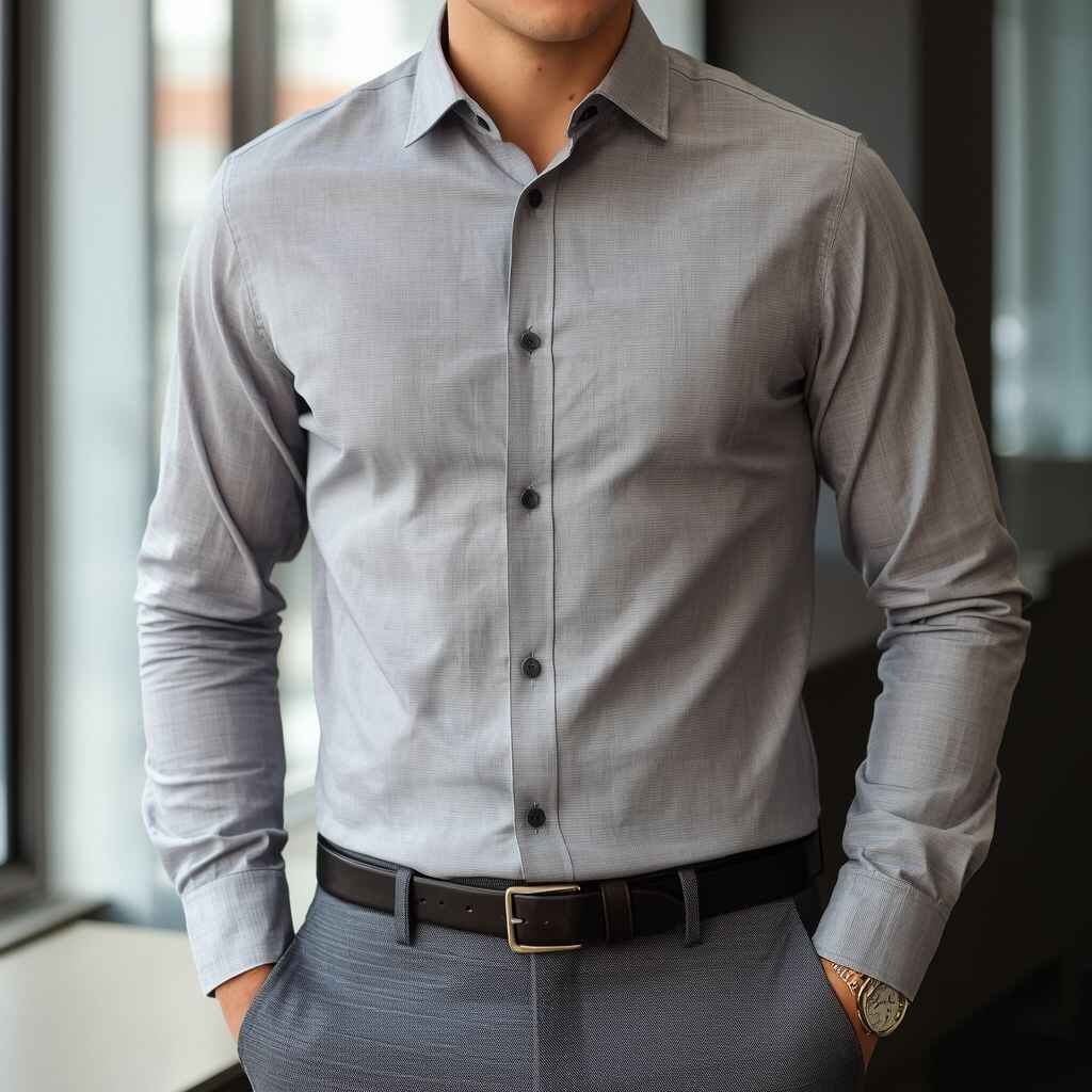 Woven slub cotton button-down shirt styled with tailored trousers