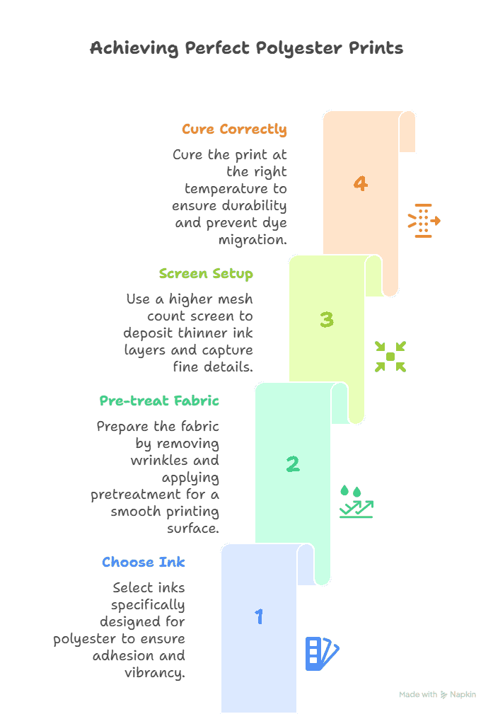 Infographic showing 4 key steps for screen printing on polyester fabric.
