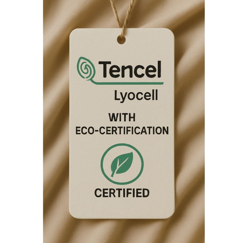 Eco-certified TENCEL™ Lyocell tag on beige fabric, offering insight into is rayon a good fabric.