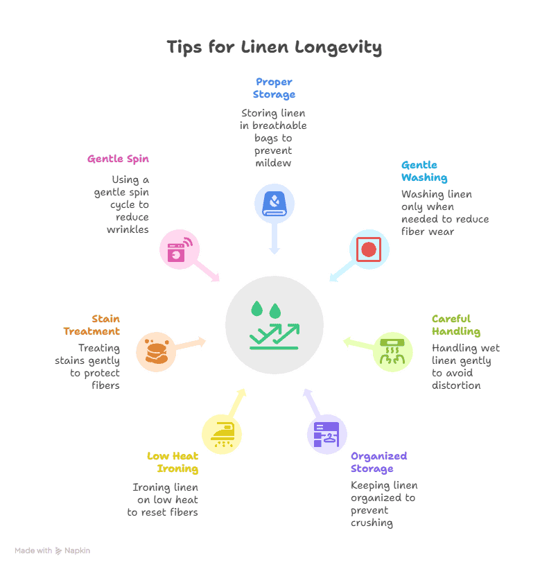 Infographic showing tips to prevent linen damage and address the concern “does linen fabric shrink when washed,” including storage, washing, ironing, and stain care.