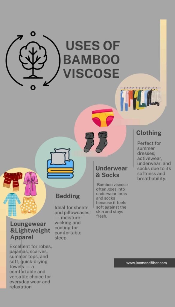 Infographic showing various uses of bamboo viscose including clothing, underwear, bedding, and loungewear.
