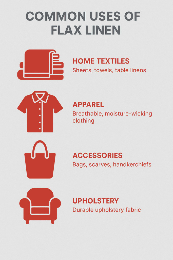 Infographic showing common uses of flax linen including home textiles, apparel, accessories, and upholstery.