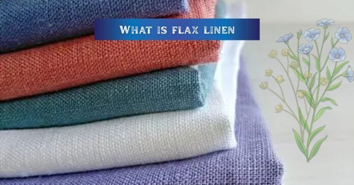 Stack of colorful flax linen fabrics with illustrated flax flowers and a title 