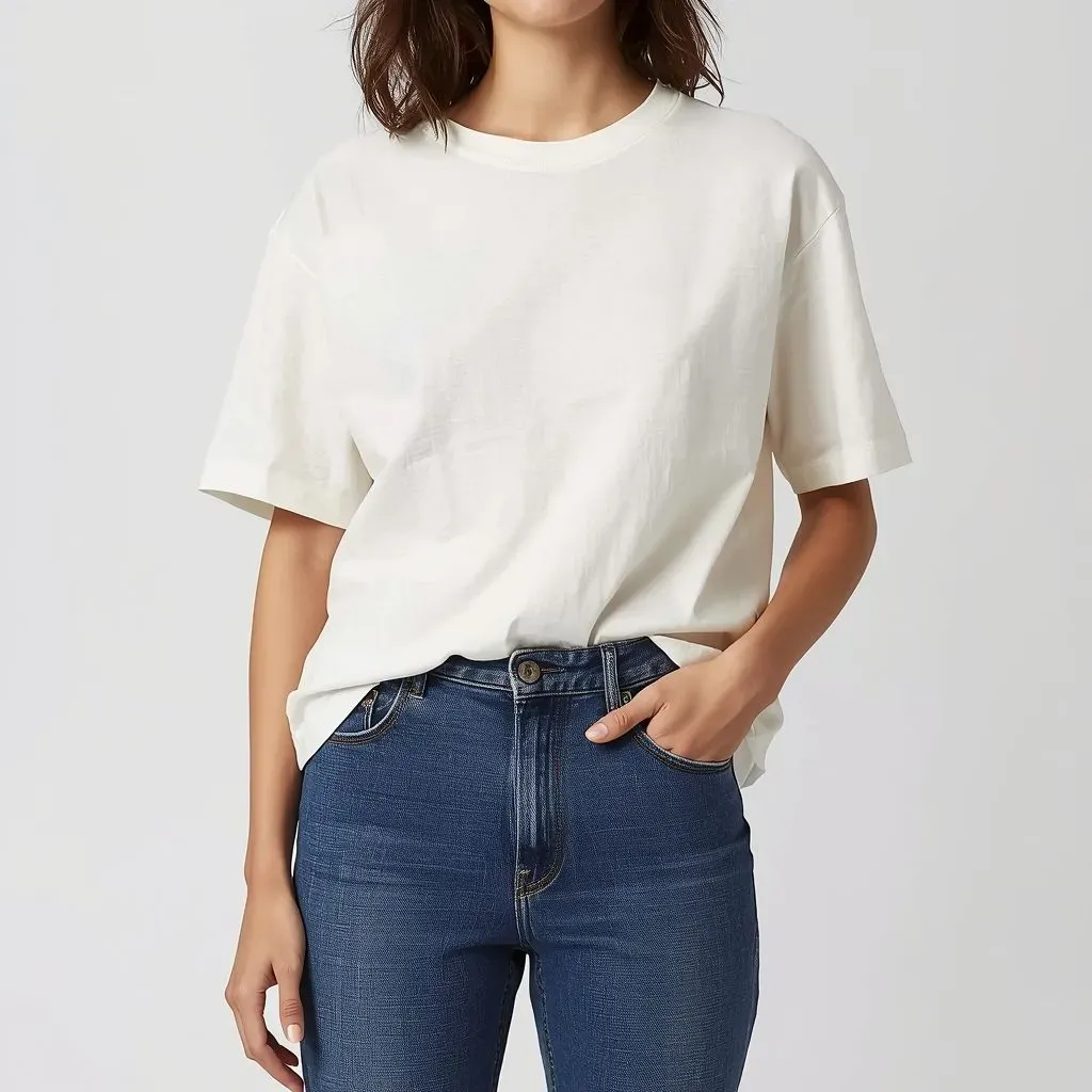 A textured slub cotton T-shirt with jeans in a casual urban setting