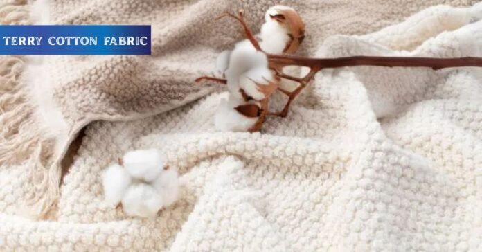 Close-up of beige terry cotton fabric with cotton bolls, illustrating what is terry cotton fabric and its natural texture.