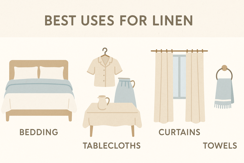 Illustration showing the best uses for linen fabric: bedding, tablecloths, curtains, and towels.