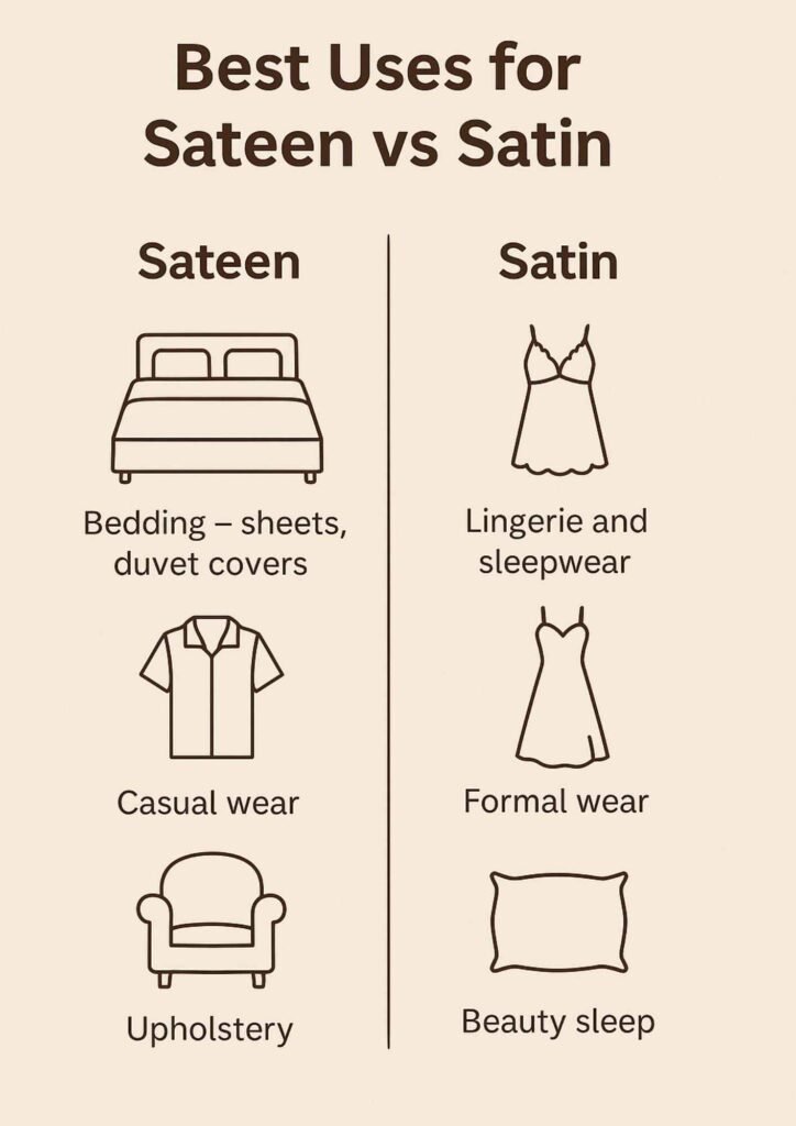 Infographic showing best uses for sateen vs satin, including bedding, clothing, and sleepwear.
