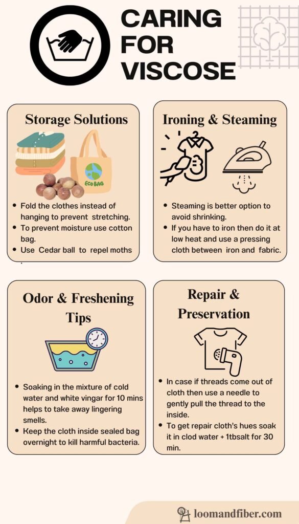Infographic with care tips for storing, ironing, and freshening viscose fabric.