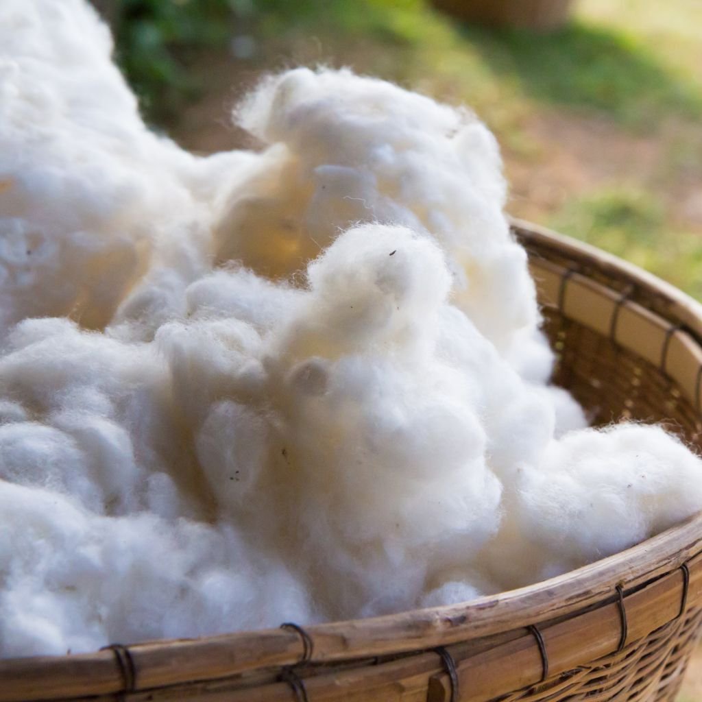 Basket of raw cotton fibers, prompting the question: is nylon a natural fiber?

