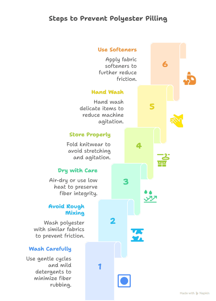 Infographic listing 6 steps to prevent polyester pilling, including washing tips, drying methods, and storage advice.