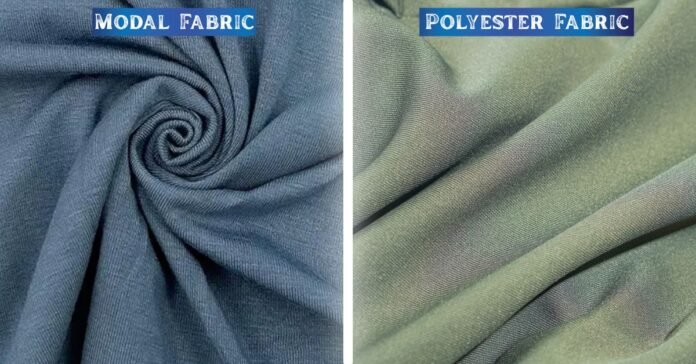 Close-up comparison of modal fabric and polyester fabric textures to explore the question: is modal warmer than polyester?
