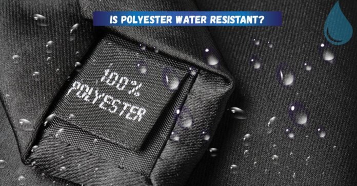 Close-up image of a 100% polyester clothing label with water droplets, illustrating the question: is polyester water resistant?