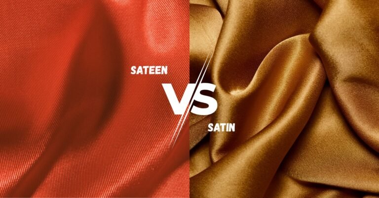 Sateen vs Satin fabric comparison showing red sateen on the left and golden satin on the right.