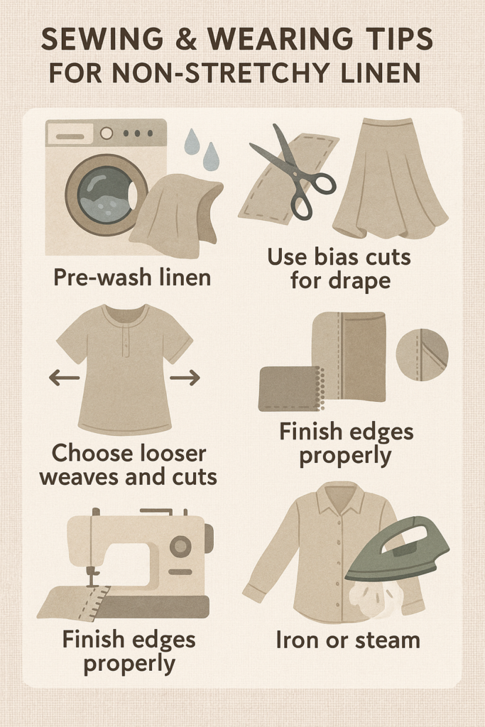 Tips for sewing and wearing non-stretchy linen fabric, including pre-wash, bias cuts, and edge finishing.