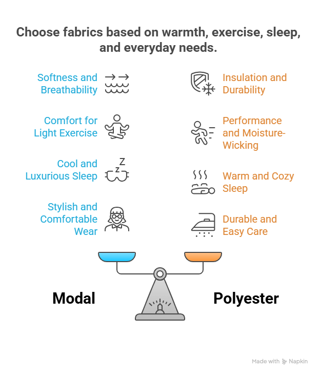 Infographic comparing fabric features to explore: is modal warmer than polyester, based on sleep, exercise, and comfort factors.