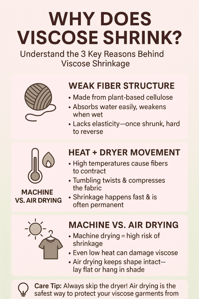 Why viscose shrinks infographic with fiber, heat, and drying tips