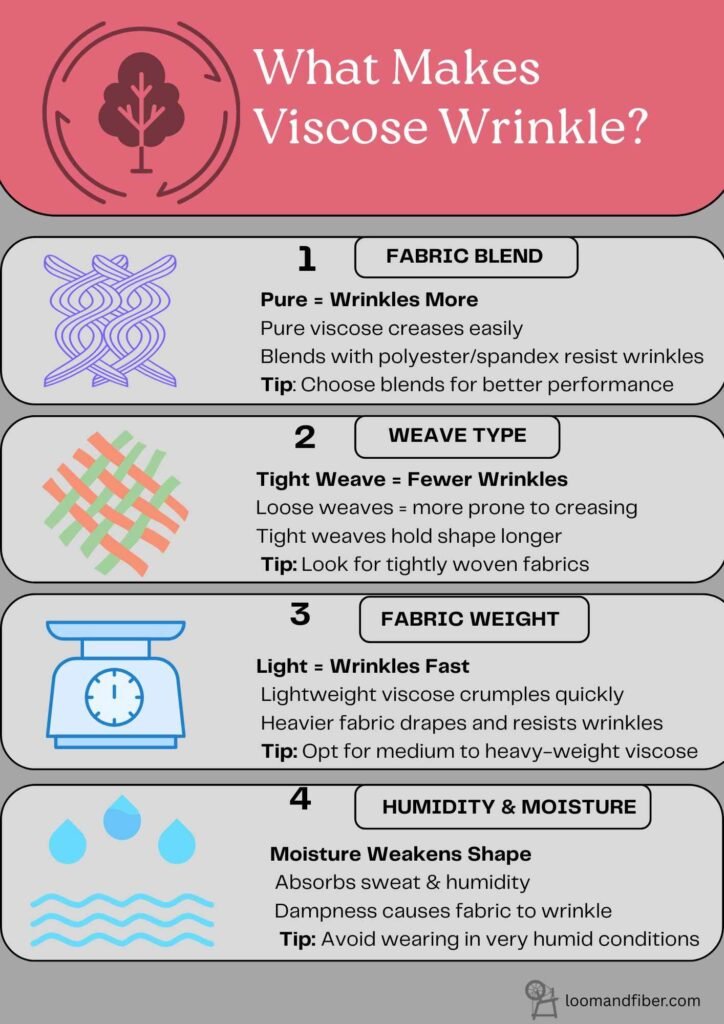 Infographic explaining four key reasons why viscose wrinkles.