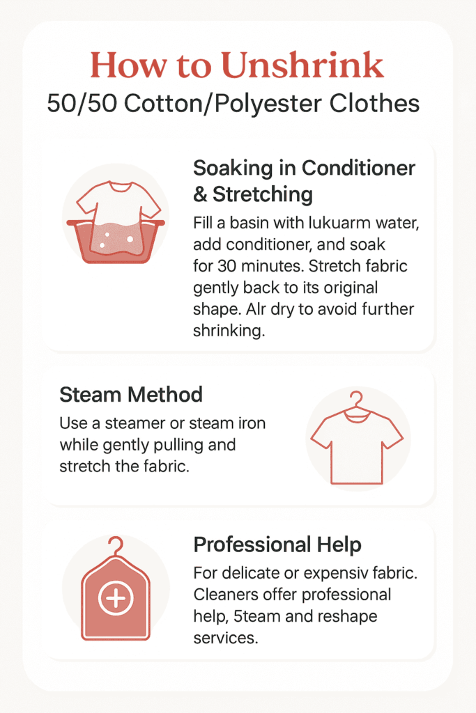 Infographic showing 3 ways to unshrink 50/50 cotton/polyester clothes: soak, steam, or get professional help.