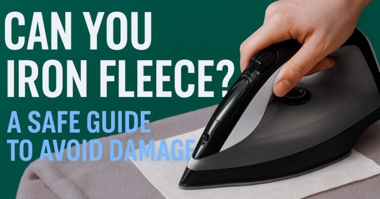 Hand ironing fleece fabric with a pressing cloth, text overlay reads “Can You Iron Fleece? A Safe Guide to Avoid Damage.”