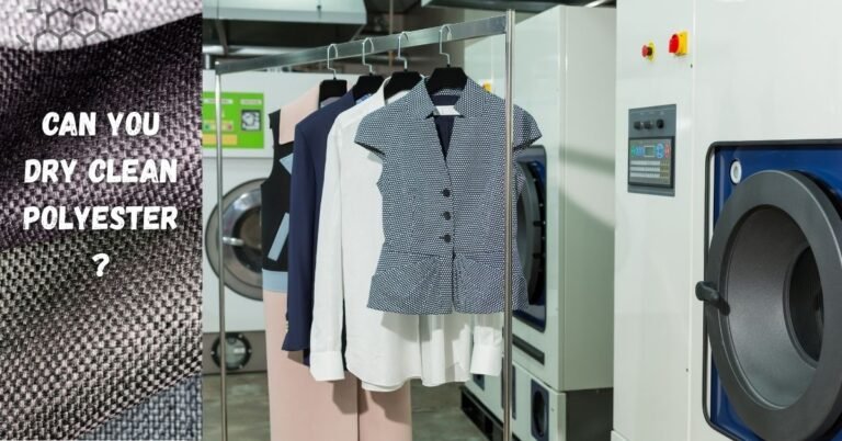 Clothes hanging in a dry-cleaning facility with text asking, "Can you dry clean polyester?"