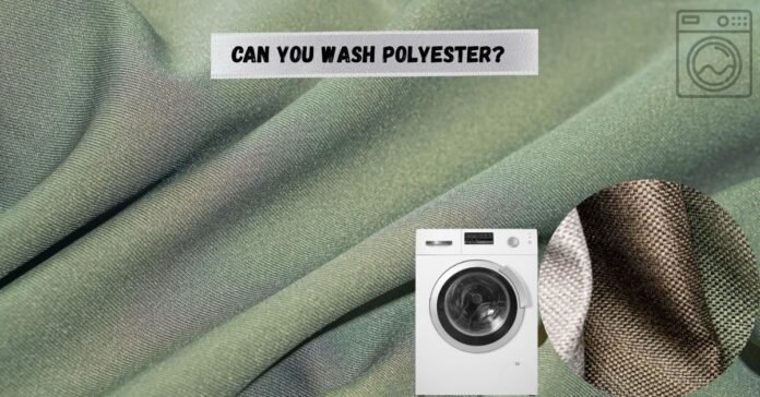 Green polyester fabric with a washing machine and text asking, 