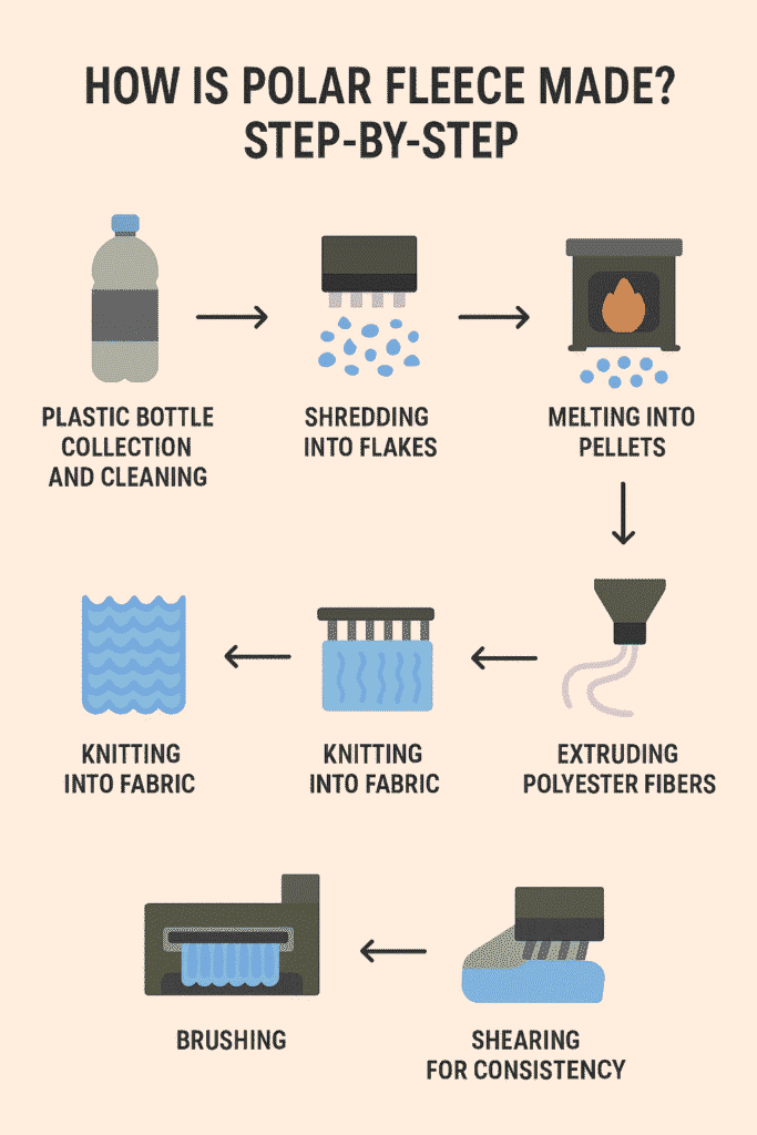 Step-by-step infographic showing how polar fleece is made from plastic bottles to fabric.