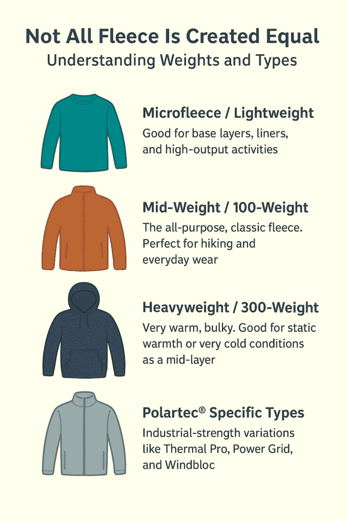 Infographic showing different types of fleece: microfleece, mid-weight, heavyweight, and Polartec® specific types.
