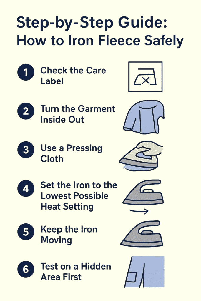 Infographic showing six steps to iron fleece safely