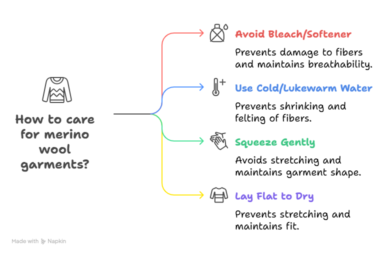 Infographic with tips on caring for Merino wool garments, including washing and drying instructions.