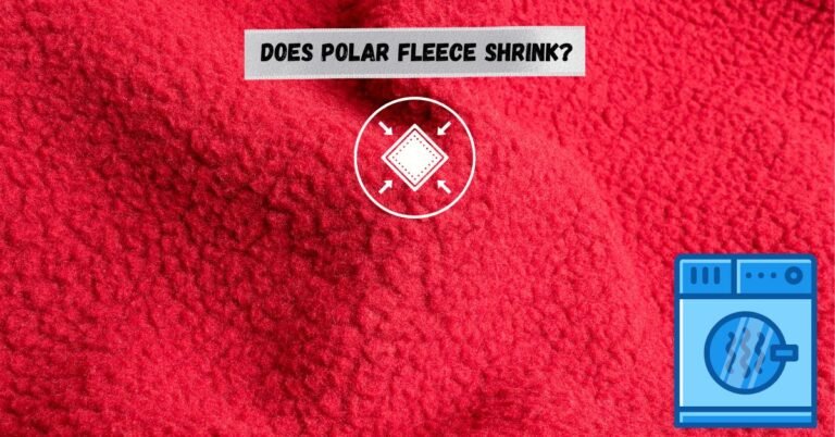 Red polar fleece fabric with text asking if it shrinks and washing icons.