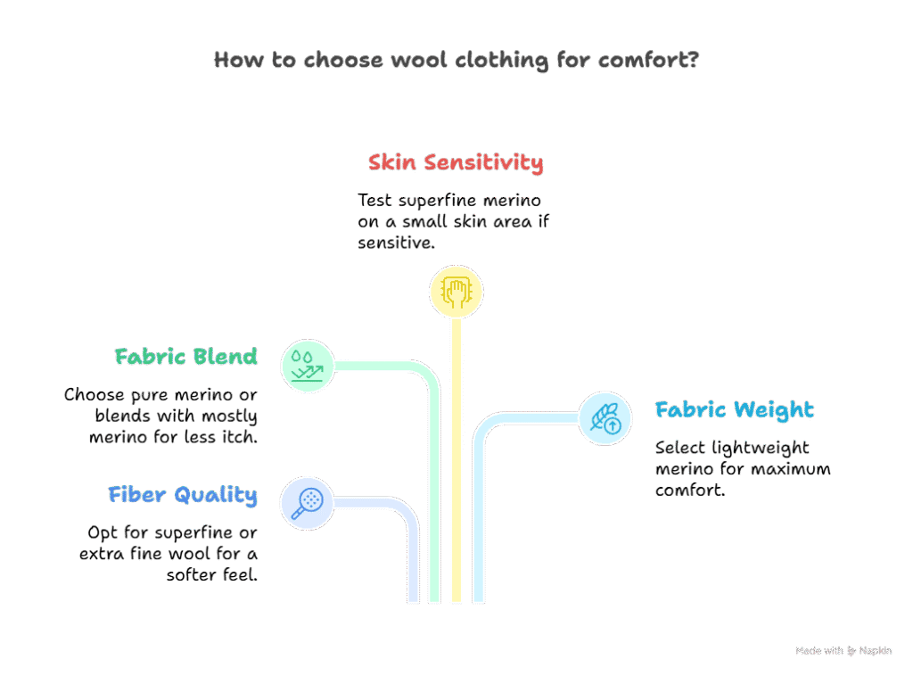 Infographic on factors to consider when choosing wool clothing for comfort.