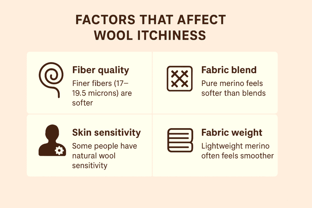 Infographic showing factors that affect wool itchiness: fiber quality, fabric blend, skin sensitivity, fabric weight.