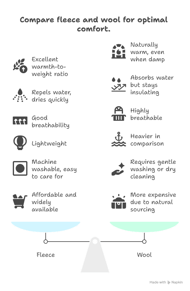 Comparison chart of fleece vs. wool showing pros and cons for comfort and care.