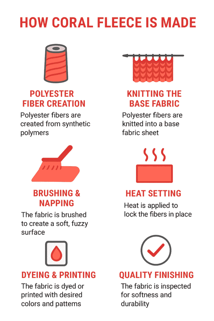 Infographic showing steps of how coral fleece is made from polyester fibers.