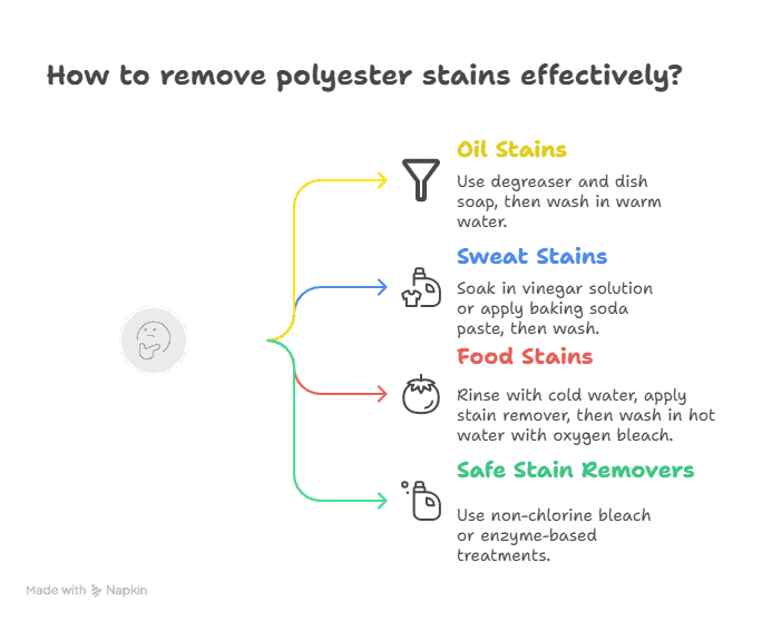 Infographic showing tips to remove polyester stains including oil, sweat, and food stains with safe stain removers.
