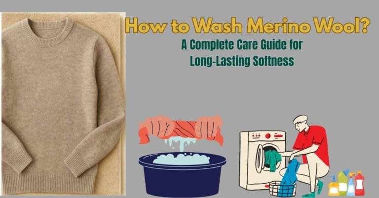 Merino wool sweater with washing guide illustration showing hand wash and machine wash methods.