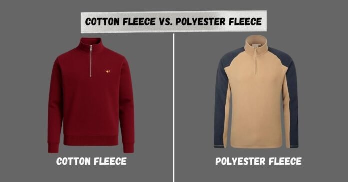 Side-by-side comparison of a cotton fleece sweater and a polyester fleece jacket with text “is fleece cotton?”.